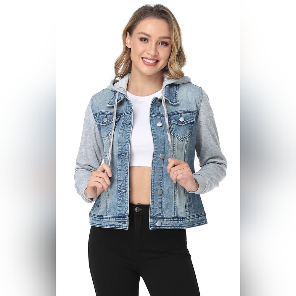 Women's Denim and Gray Hooded Button Up Jacket, Pockets, S
